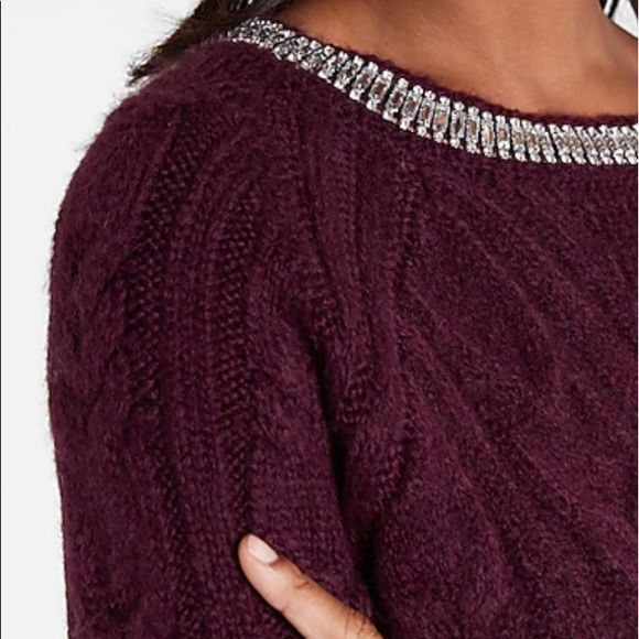 Express Cable Knit Embellished Neckline Sweater - Picture 3 of 14